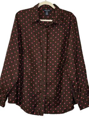 Jones New York Brown And Pink 100% Silk Polka Dot Blouse Size 2X